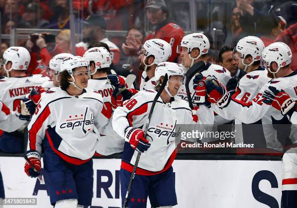 Rasmus Sandin of the Washington Capitals celebrates a goal against the Los Angeles Kings in the second period at Crypto.com Arena on March 06, 2023...