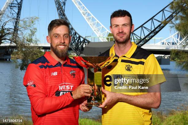 Jake Lehmann of South Australia and Ashton Turner of Western Australia pose with the trophy during a Marsh One Day Cup Final Media Opportunity on the...