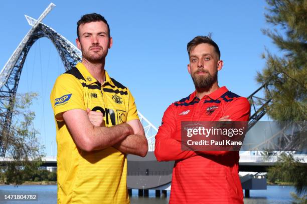 Ashton Turner of Western Australia and Jake Lehmann of South Australia pose during a Marsh One Day Cup Final Media Opportunity on the banks of the...