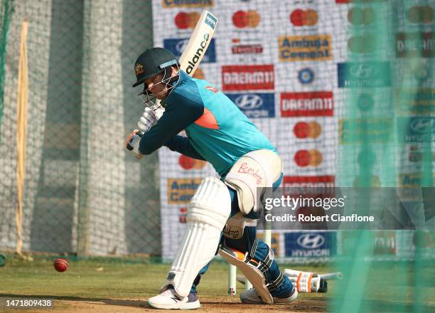 Steve Smith of Australia bats during an Australia Test squad training session at Narendra Modi Stadium on March 07, 2023 in Ahmedabad, India.