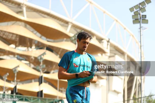 Mitchell Starc of Australia prepares to bowl during an Australia Test squad training session at Narendra Modi Stadium on March 07, 2023 in Ahmedabad,...