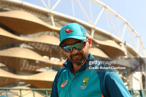 Nathan Lyon of Australia looks on during an Australia Test squad training session at Narendra Modi Stadium on March 07, 2023 in Ahmedabad, India.