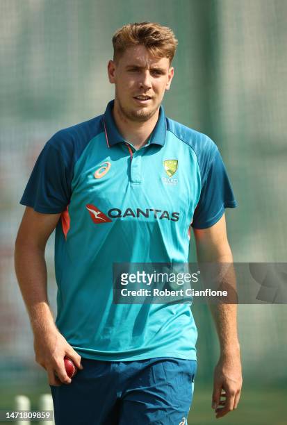 Cameron Green of Australia prepares to bowl during an Australia Test squad training session at Narendra Modi Stadium on March 07, 2023 in Ahmedabad,...