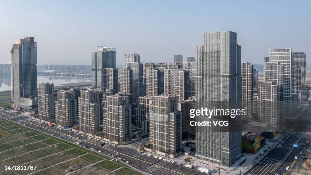 Aerial view of buildings at Asian Games village on March 6, 2023 in Hangzhou, Zhejiang Province of China. March 7 is the countdown to the 19th Asian...