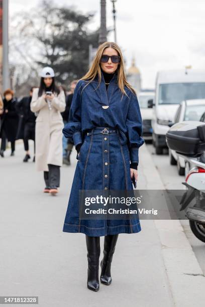 Olivia Palermo wears denim skirt, denim blouse, black boots outside Zimmermann during Paris Fashion Week - Womenswear Fall Winter 2023 2024 : Day...