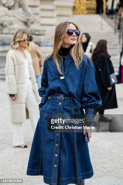 Olivia Palermo wears denim skirt, denim blouse, black boots outside Zimmermann during Paris Fashion Week - Womenswear Fall Winter 2023 2024 : Day...