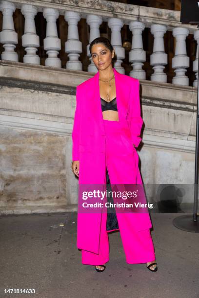 Camila Alves McConaughey wears pink coat, pants outside Dundas during Paris Fashion Week - Womenswear Fall Winter 2023 2024 : Day Eight on March 06,...