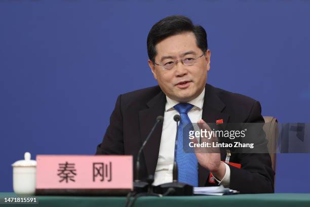 China's foreign minister Qin Gang attends a press conference during the First Session of the 14th National People's Congress at Media Center on March...