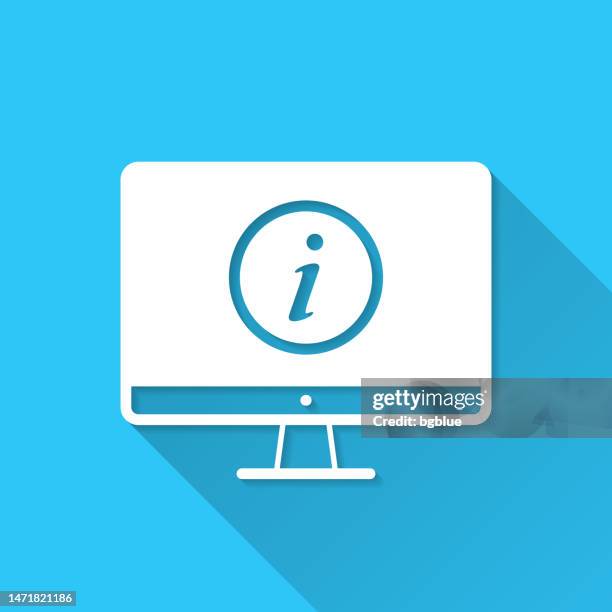 desktop computer with information sign. icon on blue background - flat design with long shadow - letter i stock illustrations