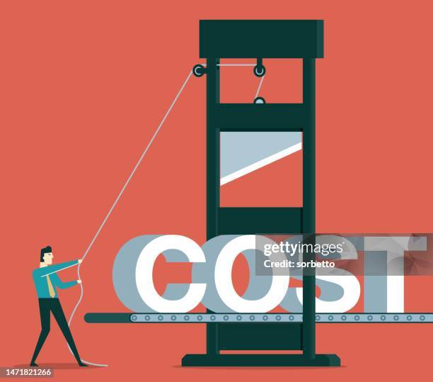 cost cut - guillotine - cutting costs stock illustrations
