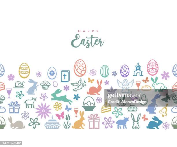 easter seamless pattern. icons with easter eggs, flowers, bunnies and butterfly. - baby chicken stock illustrations