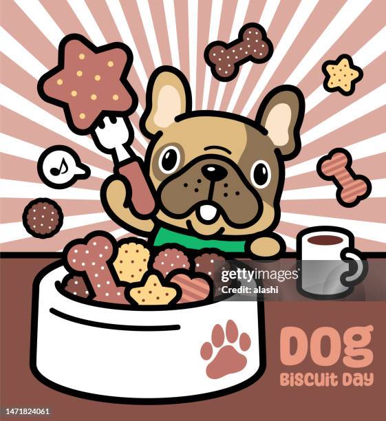 stockillustraties, clipart, cartoons en iconen met national dog biscuit day, a cute french bulldog puppy eating from a bowl full of dry biscuits and cookies - dog bowl