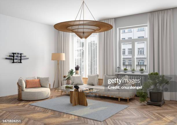 japanese style living room interior with sofa, armchair, coffee table and houseplants - modern tradition stock pictures, royalty-free photos & images