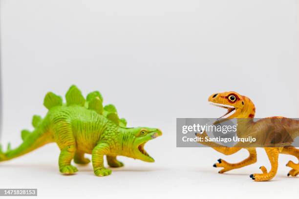 close-up of stegosaurus and utahraptor fighting - stegosaurus stock pictures, royalty-free photos & images