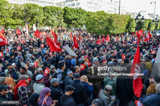 Tunis - Tunisia, 05 March 2023: People take part in a demonstration demanding the release of prominent figures opposed to the president who were...