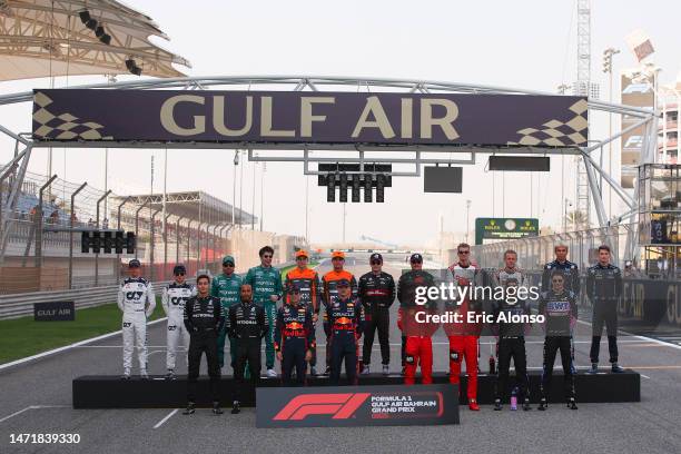 The drivers pose for a photo prior to the F1 Grand Prix of Bahrain at Bahrain International Circuit on March 05, 2023 in Bahrain, Bahrain.