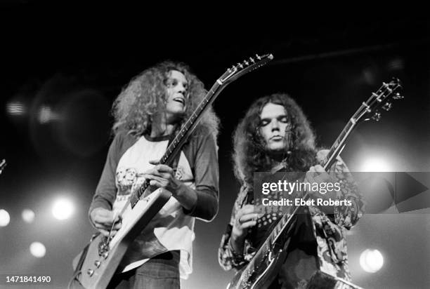 Guitarists Allen Collins and Gary Rossington performing with American southern rock band, Lynyrd Skynyrd, at the Convention Hall in Asbury Park, New...