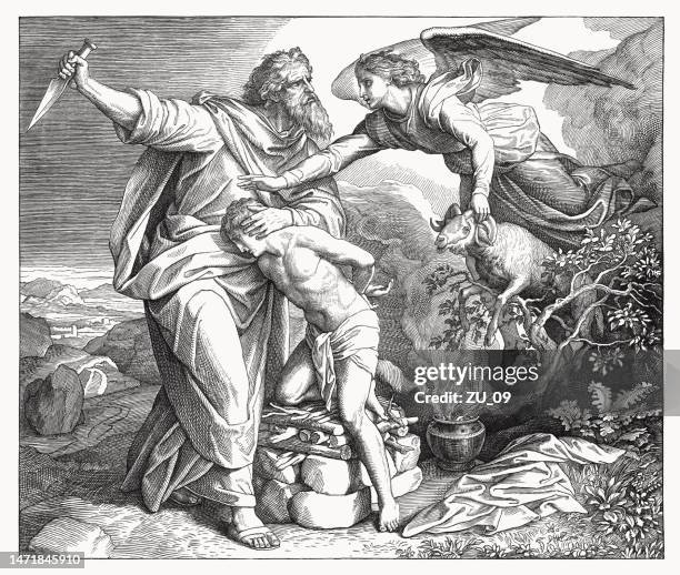 abraham's sacrifice of isaac (genesis 22, 11-12), woodcut, published 1860 - aries stock illustrations