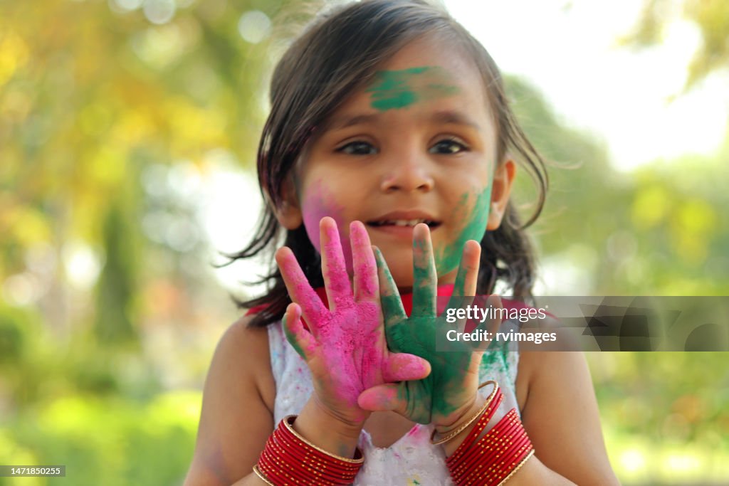 Indian Child Color Hand Small Girl Showing Color Painted Hands Holi Celebration India High-Res ...