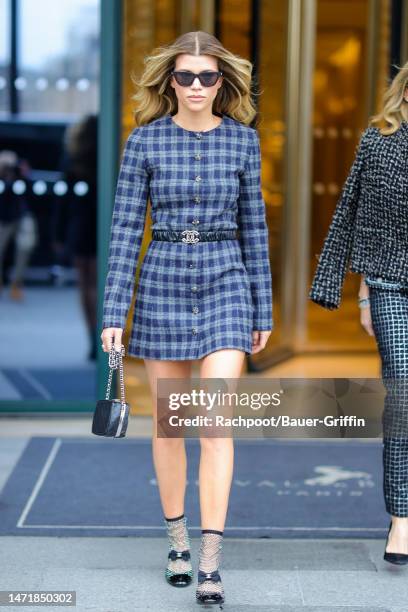 Sofia Richie is seen heading to 'the Chanel show during Paris Fashion Week' on March 07, 2023 in Paris, France.