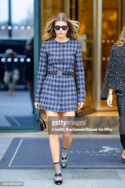Sofia Richie is seen heading to 'the Chanel show during Paris Fashion Week' on March 07, 2023 in Paris, France.