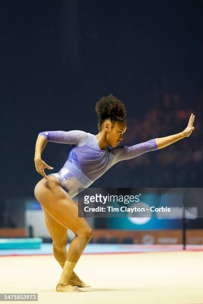 October 29: Skye Blakely of the United States performs her floor routine during Women's qualifications at the World Gymnastics...