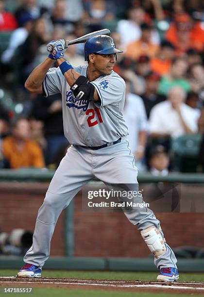 Juan Rivera of the Los Angeles Dodgers bats against the San Francisco Giants during the game at AT&T Park on Tuesday, June 26, 2012 in San Francisco,...