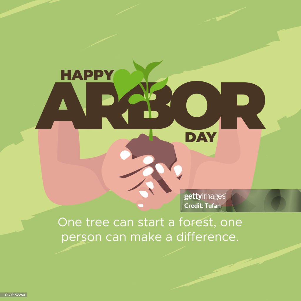 Happy Arbor Day Social Media Post Design - Woman Holding Green Leafed Seedling Illustration