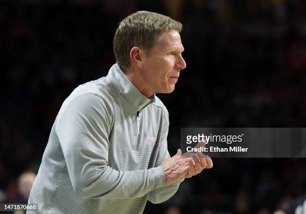Head coach Mark Few of the Gonzaga Bulldogs reacts in the first half of a semifinal game of the West Coast Conference basketball tournament against...