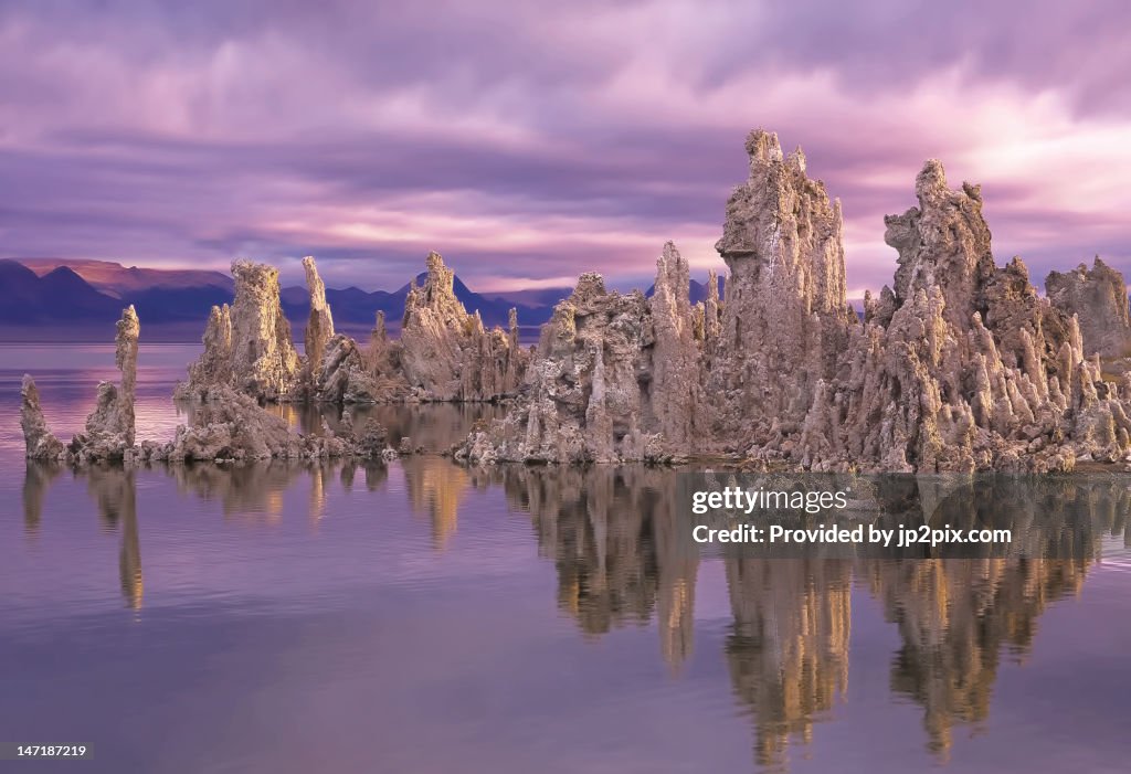 Tufa towers glow in early morning light