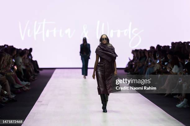 Model showcases designs by Viktoria & Woods during the Envision Runway at Melbourne Fashion Festival on March 07, 2023 in Melbourne, Australia.