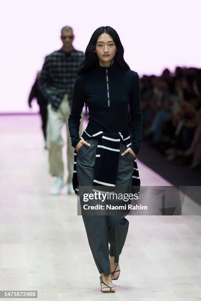 Model showcases designs by Viktoria & Woods during the Envision Runway at Melbourne Fashion Festival on March 07, 2023 in Melbourne, Australia.