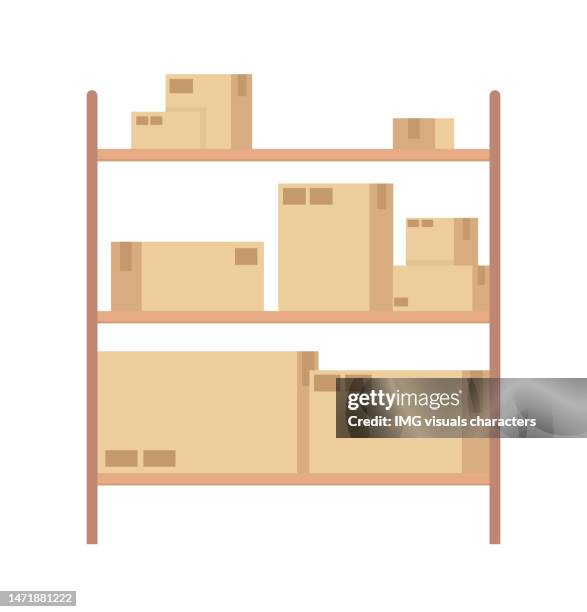 storage rack with shipping cardboard boxes semi flat color vector objects - warehouse shelves stock illustrations
