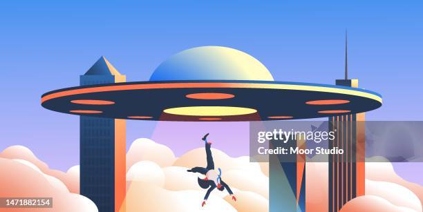 ufo abducting man vector illustration. - paranoia stock illustrations