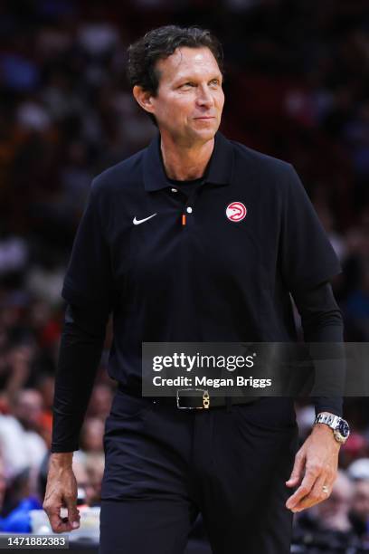 Head coach Quin Snyder of the Atlanta Hawks looks on during the third quarter of the game against the Miami Heat at Miami-Dade Arena on March 06,...