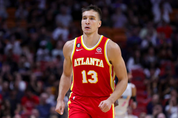 Bogdan Bogdanovic of the Atlanta Hawks looks on against the Miami Heat during the first quarter of the game at Miami-Dade Arena on March 06, 2023 in...