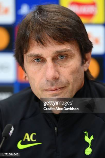 Antonio Conte, Manager of Tottenham Hotspur, speaks to the media during a Tottenham Hotspur Press Conference of their UEFA Champions League round of...