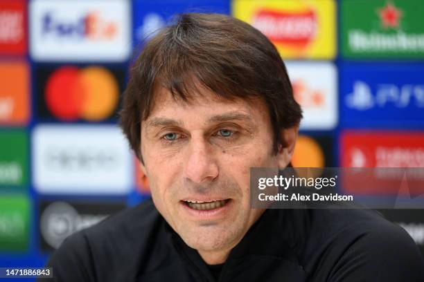 Antonio Conte, Manager of Tottenham Hotspur, speaks to the media during a Tottenham Hotspur Press Conference of their UEFA Champions League round of...