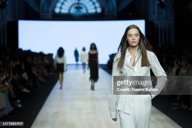 Model showcases designs by Anna Quan during the Envision Runway at Melbourne Fashion Festival on March 07, 2023 in Melbourne, Australia.