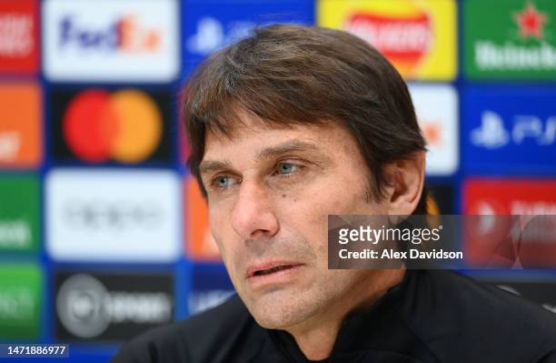 Antonio Conte, Manager of Tottenham Hotspur, speaks to the media during a Tottenham Hotspur Press Conference of their UEFA Champions League round of...