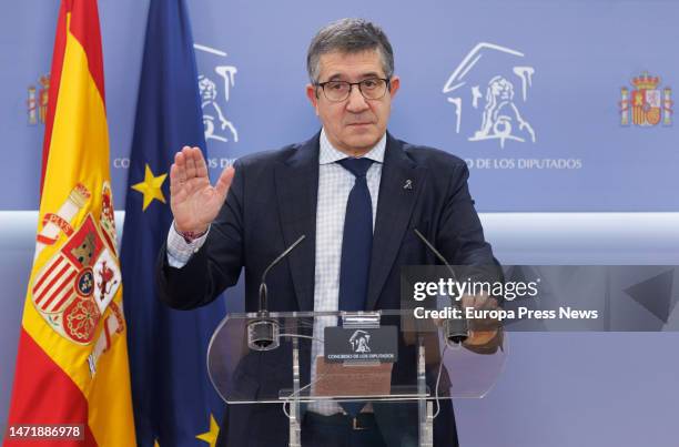 Spokesman in Congress, Patxi Lopez, during a press conference following the meeting of the Board of Spokesmen, at the Congress of Deputies, on March...