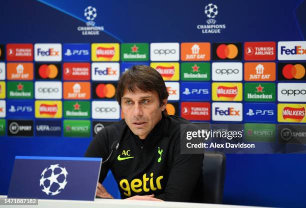 Antonio Conte, Manager of Tottenham Hotspur, speaks to the media during a Tottenham Hotspur Press Conference of their UEFA Champions League round of...