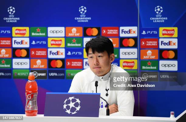 Son Heung-Min of Tottenham Hotspur speaks to the media during a Tottenham Hotspur Press Conference ahead of their UEFA Champions League round of 16...
