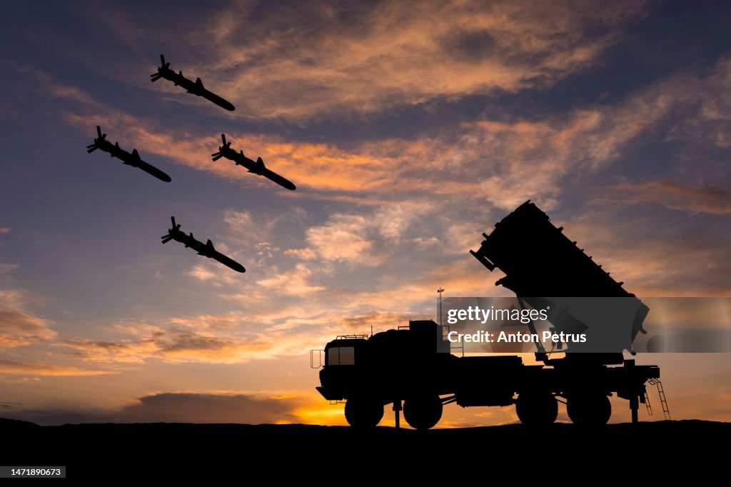 Surface-to-Air defense missile system on the background of the sunset