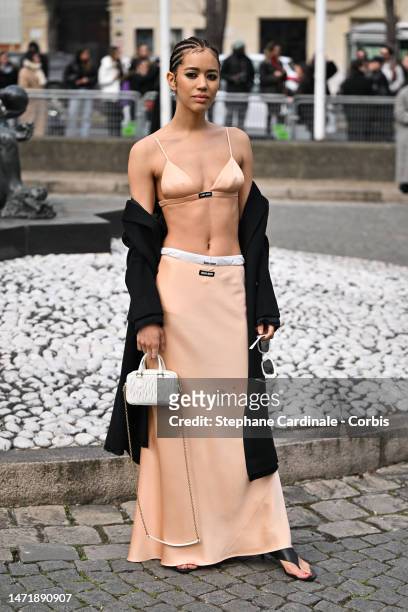 Jasmin Savoy Brown attends the Miu Miu Womenswear Fall Winter 2023-2024 show as part of Paris Fashion Week on March 07, 2023 in Paris, France.