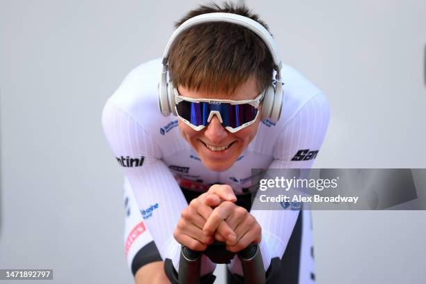 Tadej Pogacar of Slovenia and UAE Team Emirates - White best young jersey warming up prior to the 81st Paris - Nice 2023 - Stage 3 a 32.2km team time...