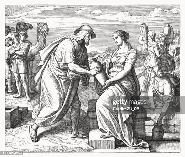 abraham's servant courts rebekah for isaac (genesis 24, 17-18) - old testament stock illustrations