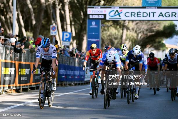 Fabio Jakobsen of The Netherlands and Team Soudal Quick-Step and Jasper Philipsen of Belgium and Team Alpecin-Deceuninck sprint at finish line during...