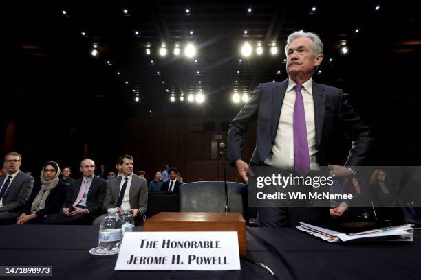 Federal Reserve Chair Jerome Powell arrives to testify before the Senate Banking Committee on March 7, 2023 in Washington, DC. Powell is expected to...