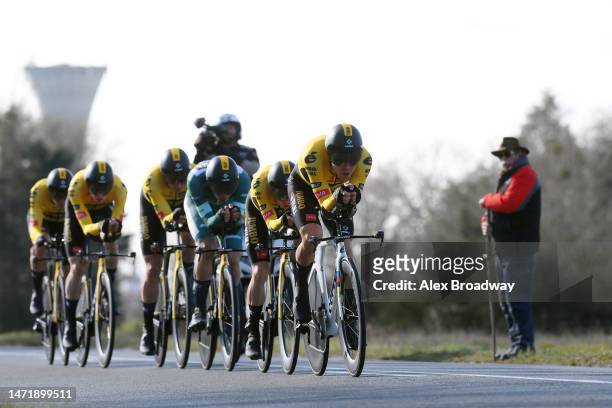 Tobias S. Foss of Norway and Team Jumbo – Visma sprints during the 81st Paris - Nice 2023 - Stage 3 a 32.2km team time trial from Dampierre en Burly...